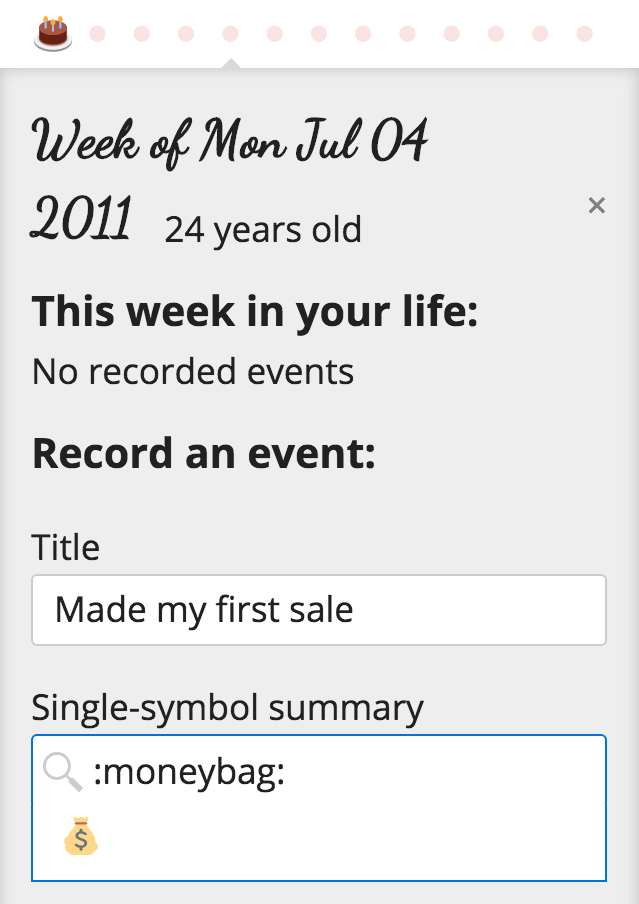 Entire.Life event creation form, with the event Made My First Sale being added