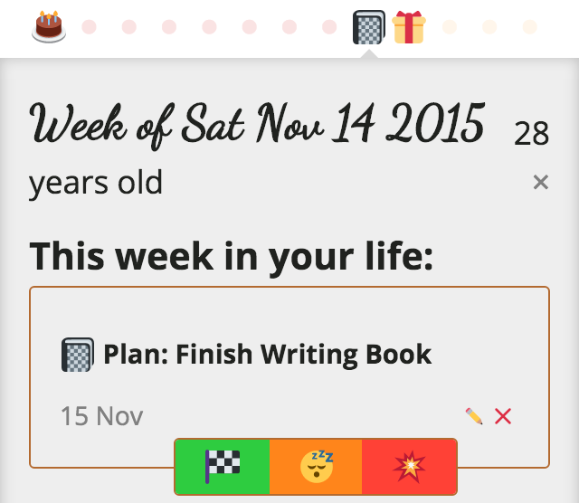 a Finish Writing Book plan now in the past, with options to mark done, snooze, or delete