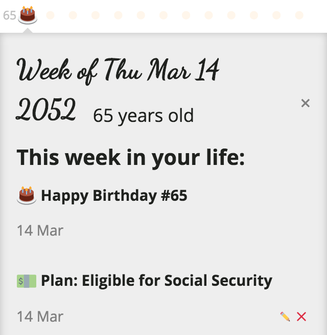 Entire.Life's week detail view showing a plan: Eligible For Social Security