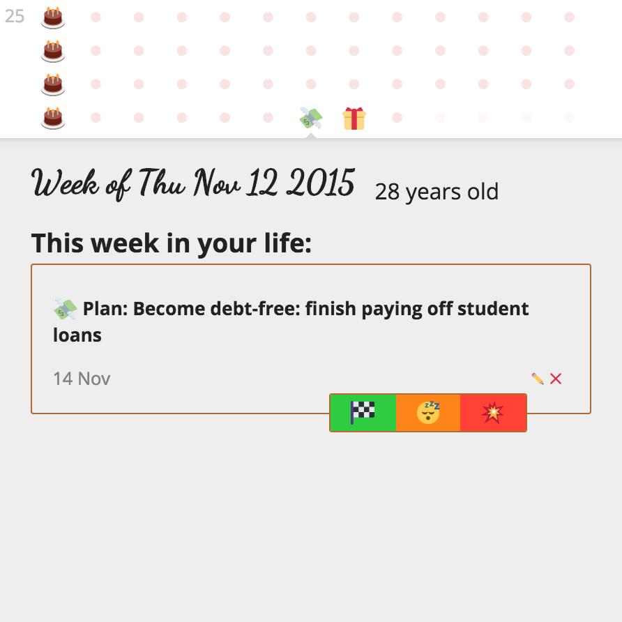 a goal to pay of student loans by a date that's now in the past, with buttons to mark complete, snooze, or delete it